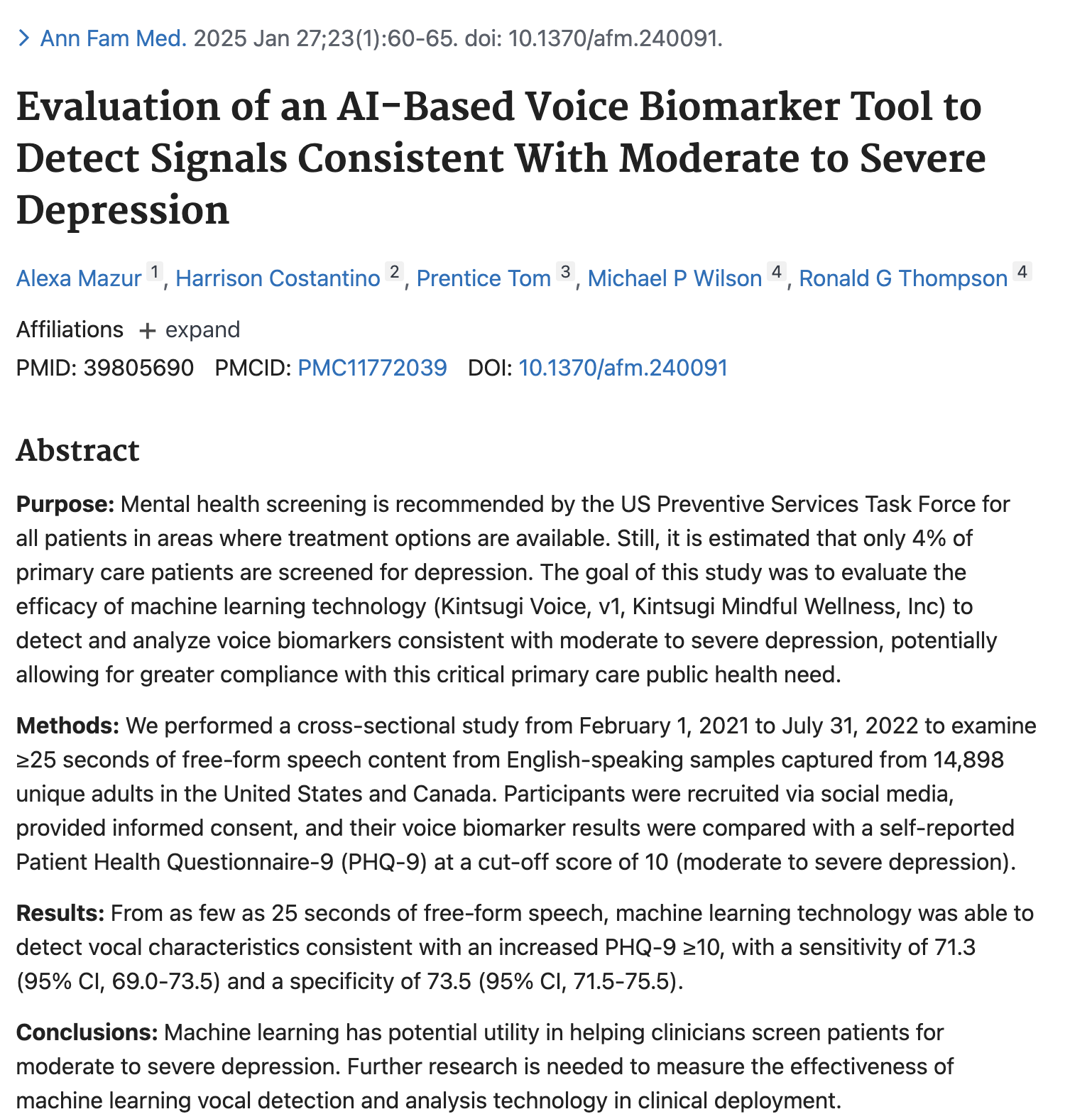 PubMed entry for the Annals of Family Medicine study validating Kintsugi Voice v1 across 14,898 patients